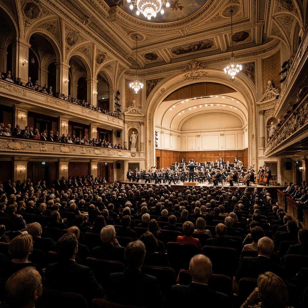 Orchestra performing on stage in an ornate concert hall filled with seated audience